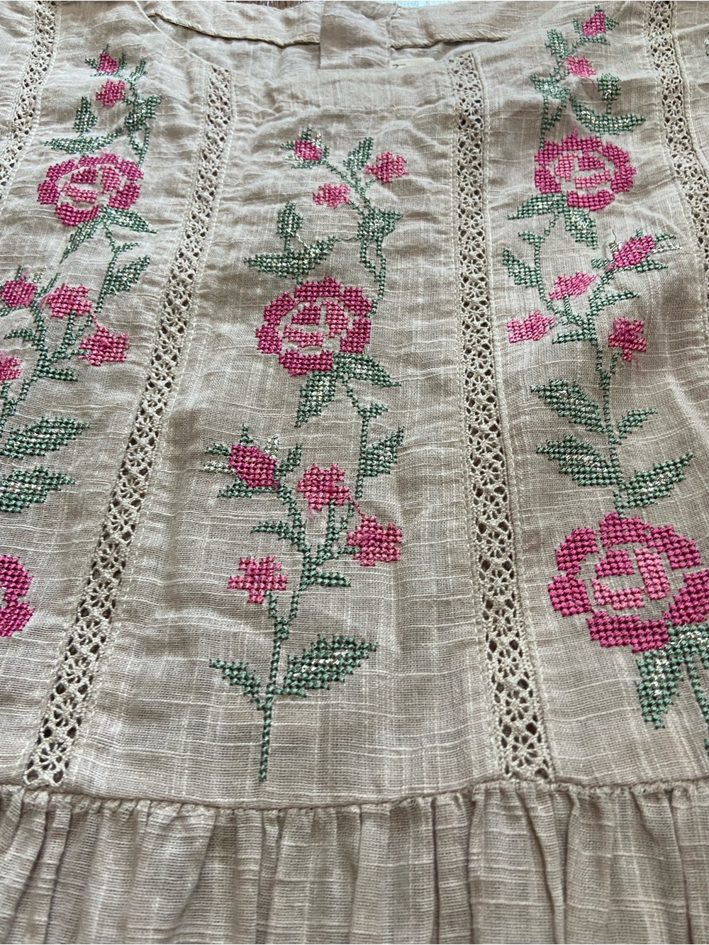 Beige Midi Dress with Pink & Green Floral Embroidery 💯 cotton button back - Picture 6 of 12